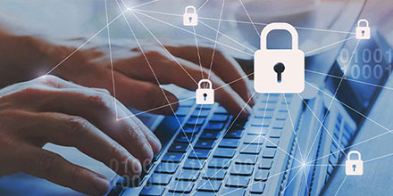 Hands typing on a keyboard with padlock icons overlayed on top